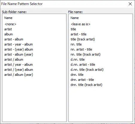 「File Name Pattern Selector」画面